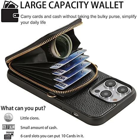 Калъф за носене в чантата си Anyos по рамото за iPhone 14 Pro, [6 слота за карти] Кожен калъф-портфейл с цип за мобилен